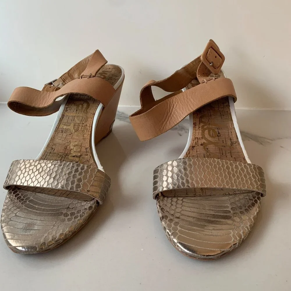 Sam Edelman Tan and Metallic Taupe Wedge Sandals - Picture 9 of 10